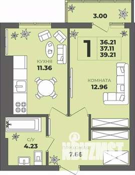 1-к квартира, вторичка, 37м2, 8/8 этаж