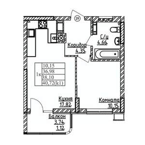 1-к квартира, строящийся дом, 38м2, 8/9 этаж