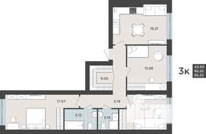 3-к квартира, строящийся дом, 82м2, 1/9 этаж