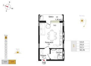 Студия квартира, вторичка, 30м2, 9/9 этаж