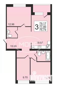 3-к квартира, сданный дом, 76м2, 1/9 этаж