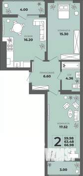 2-к квартира, строящийся дом, 63м2, 2/8 этаж