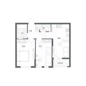 2-к квартира, строящийся дом, 56м2, 16/18 этаж