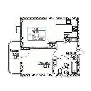 1-к квартира, строящийся дом, 40м2, 5/9 этаж