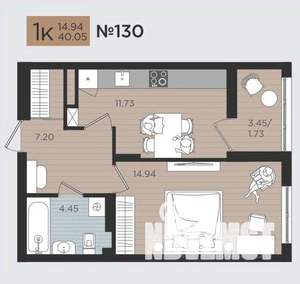 1-к квартира, строящийся дом, 40м2, 4/10 этаж