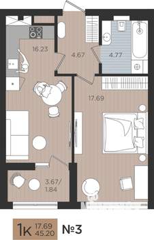 1-к квартира, вторичка, 45м2, 2/9 этаж