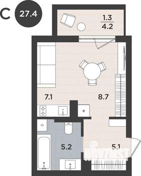 1-к квартира, вторичка, 27м2, 2/9 этаж