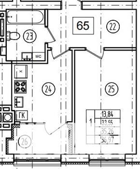 1-к квартира, строящийся дом, 35м2, 1/9 этаж