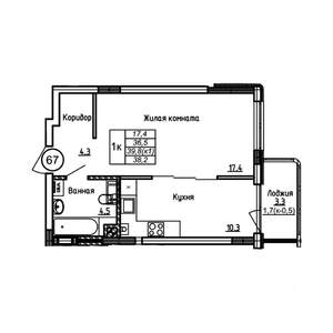 1-к квартира, вторичка, 38м2, 1/9 этаж