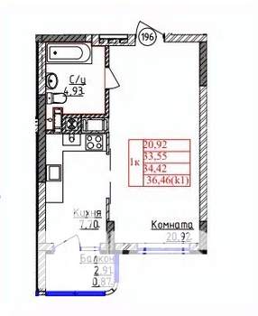 1-к квартира, вторичка, 34м2, 1/9 этаж