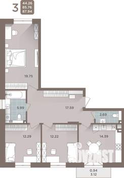 3-к квартира, строящийся дом, 86м2, 1/5 этаж