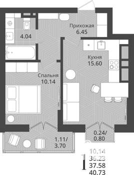 1-к квартира, строящийся дом, 38м2, 6/9 этаж