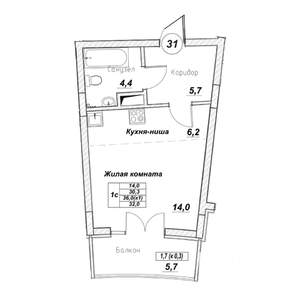 Студия квартира, вторичка, 32м2, 6/7 этаж