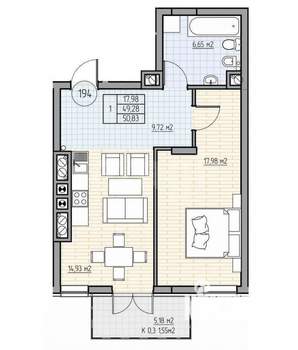 1-к квартира, вторичка, 52м2, 1/7 этаж