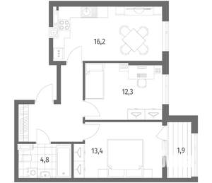 2-к квартира, строящийся дом, 58м2, 4/8 этаж