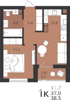 1-к квартира, вторичка, 37м2, 2/9 этаж