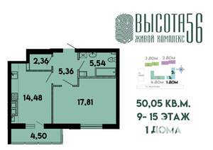 1-к квартира, сданный дом, 50м2, 15/15 этаж