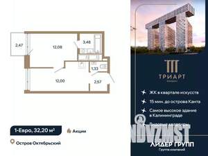 1-к квартира, вторичка, 32м2, 6/12 этаж