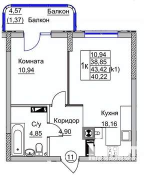 1-к квартира, вторичка, 40м2, 2/9 этаж