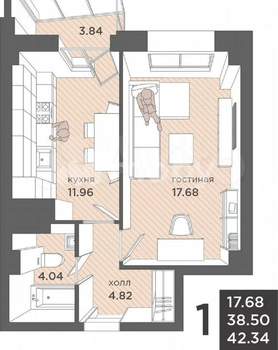 1-к квартира, вторичка, 43м2, 11/25 этаж