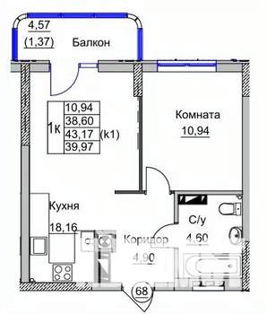 1-к квартира, вторичка, 40м2, 9/9 этаж