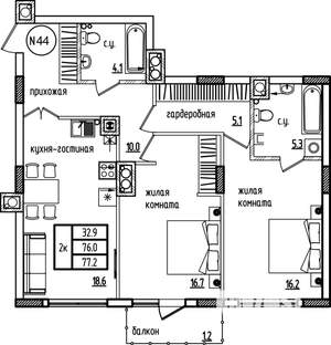 2-к квартира, сданный дом, 79м2, 5/9 этаж