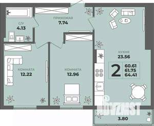 2-к квартира, строящийся дом, 62м2, 3/8 этаж