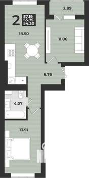 2-к квартира, вторичка, 57м2, 4/9 этаж