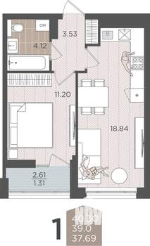 1-к квартира, вторичка, 39м2, 8/9 этаж