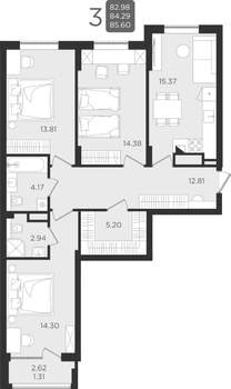 3-к квартира, строящийся дом, 84м2, 1/9 этаж