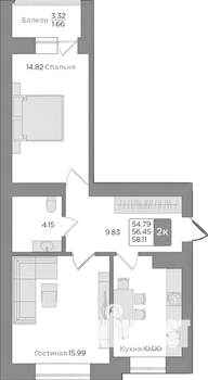 2-к квартира, вторичка, 58м2, 4/9 этаж
