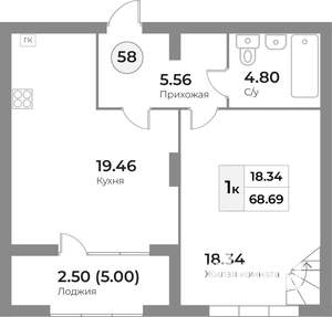 1-к квартира, вторичка, 69м2, 7/7 этаж