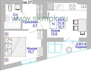 1-к квартира, строящийся дом, 34м2, 6/8 этаж