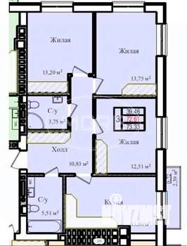 3-к квартира, строящийся дом, 73м2, 4/9 этаж