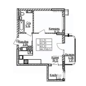 1-к квартира, строящийся дом, 43м2, 6/9 этаж