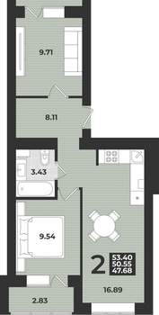 2-к квартира, вторичка, 53м2, 1/9 этаж
