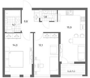 2-к квартира, строящийся дом, 56м2, 13/18 этаж