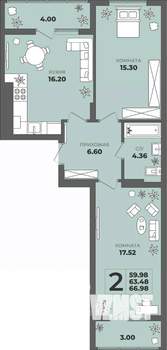2-к квартира, строящийся дом, 63м2, 3/8 этаж