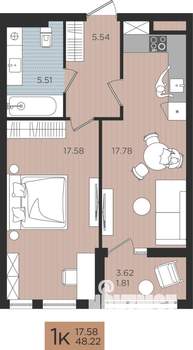 1-к квартира, строящийся дом, 48м2, 4/10 этаж