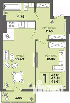 1-к квартира, строящийся дом, 45м2, 1/8 этаж