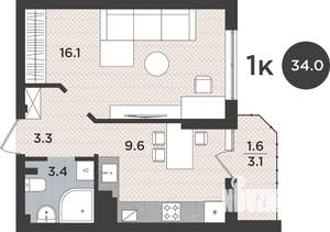 1-к квартира, вторичка, 34м2, 1/9 этаж