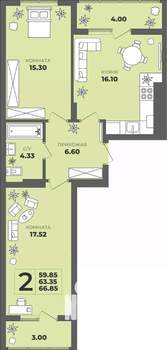 2-к квартира, вторичка, 63м2, 8/8 этаж