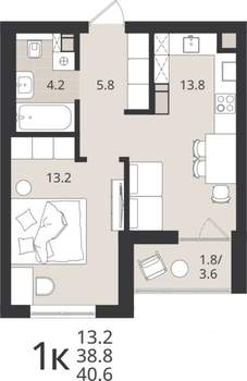 1-к квартира, вторичка, 39м2, 5/9 этаж