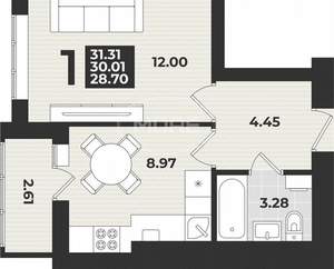 1-к квартира, вторичка, 32м2, 6/9 этаж