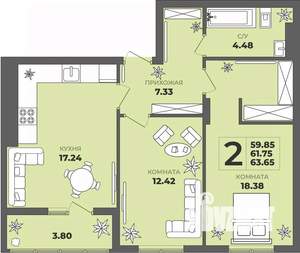 2-к квартира, строящийся дом, 62м2, 4/8 этаж