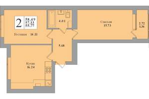 2-к квартира, строящийся дом, 57м2, 6/8 этаж