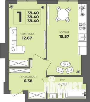 1-к квартира, строящийся дом, 39м2, 1/8 этаж