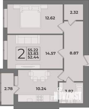 2-к квартира, строящийся дом, 55м2, 6/9 этаж