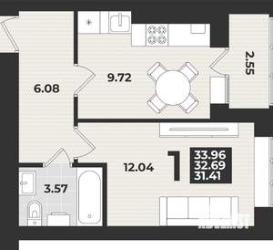 1-к квартира, строящийся дом, 34м2, 2/9 этаж