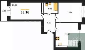 2-к квартира, вторичка, 55м2, 2/9 этаж